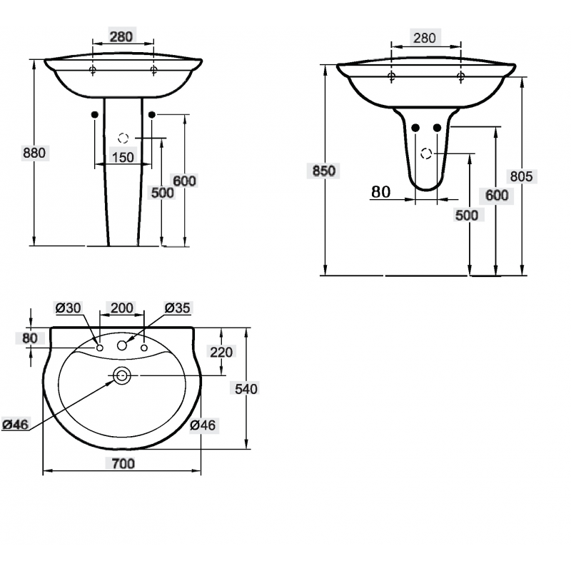 San Remo Lava Basin 70cm With Large Wall Pedestal IDEAL STANDARD