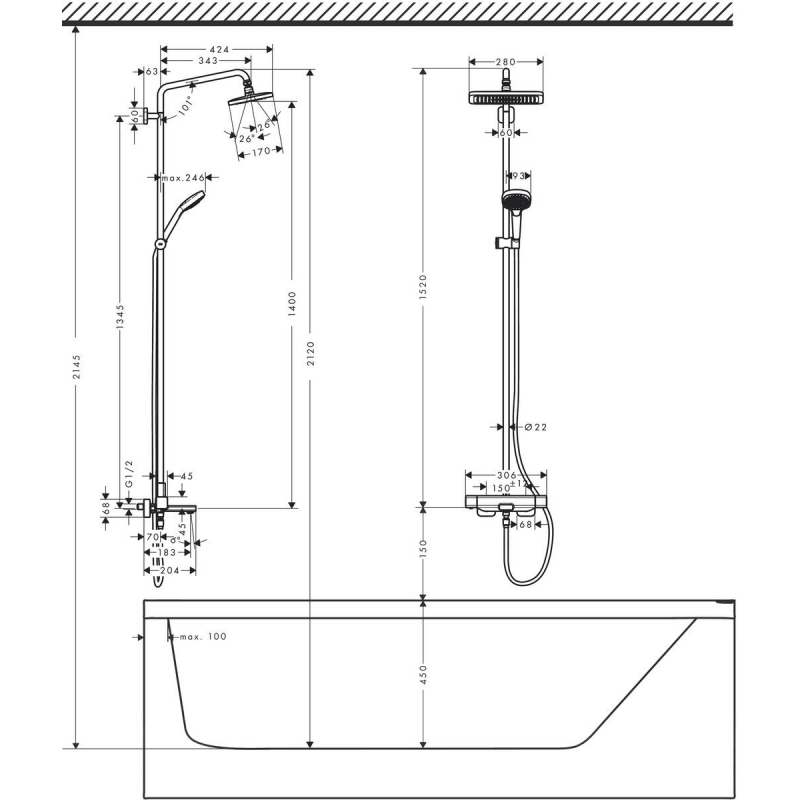 Croma E Showerpipe 280 1jet With Bath Thermostat Chrome Hansgrohe